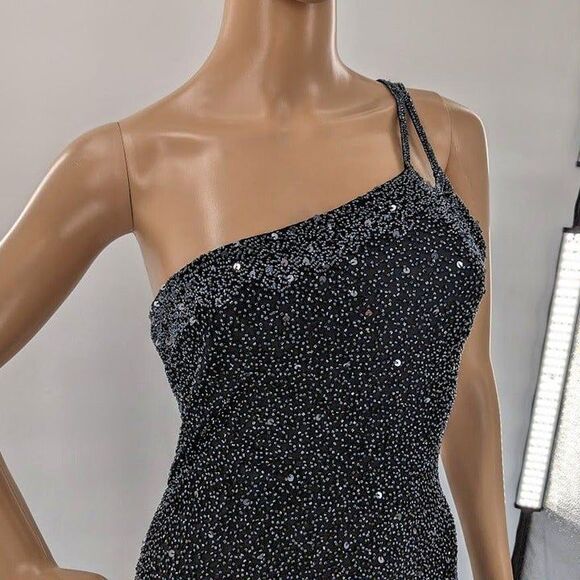 Vintage 90s Scala Silk Gown Black Beaded Sequins Off Shoulder Siren Size M - Picture 9 of 13